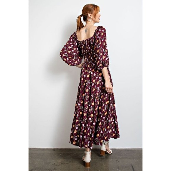 easel Dresses Easel Plum Smocked Bust Floral Printed Square Neck